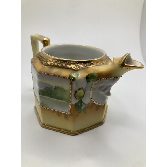 Vintage Noritake Nippon Hand Painted Creamer & Sugar Set Lake Scene Gold Gilt - Picture 15 of 16